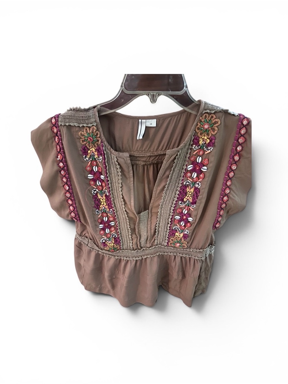 Embroidered Boho Peasant Top - Brown